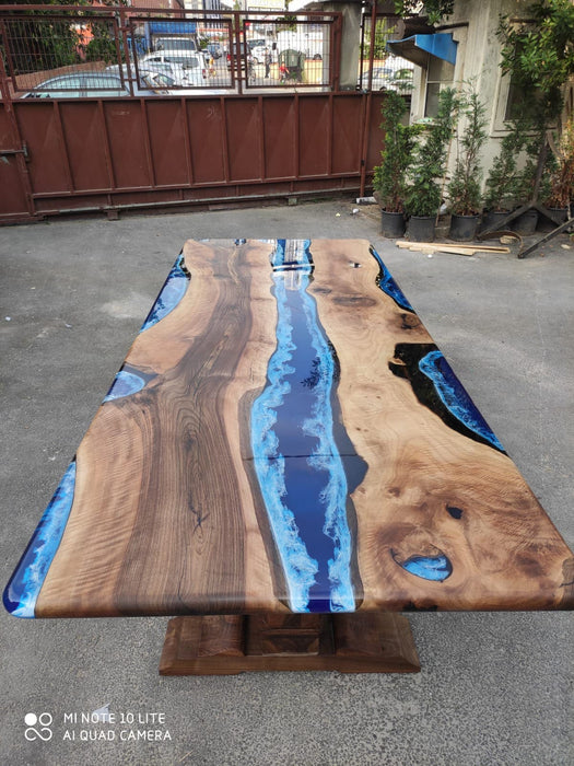 Walnut Dining Table, Live Edge Table, Custom 108” x 42” Walnut Ocean and Royal Blue, Turquoise White Waves Epoxy Table, Order for Mary M3