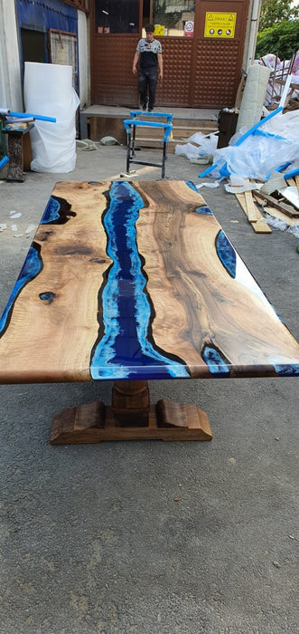 Walnut Dining Table, Live Edge Table, Custom 108” x 42” Walnut Ocean and Royal Blue, Turquoise White Waves Epoxy Table, Order for Mary M3