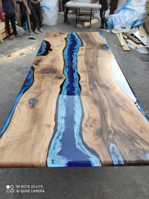 Walnut Dining Table, Live Edge Table, Custom 108” x 42” Walnut Ocean and Royal Blue, Turquoise White Waves Epoxy Table, Order for Mary M3