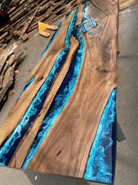 Walnut Dining Table, Live Edge Table, Custom 108” x 42” Walnut Ocean Blue, Turquoise White Waves Epoxy River Dining Table Order for Sinaan M