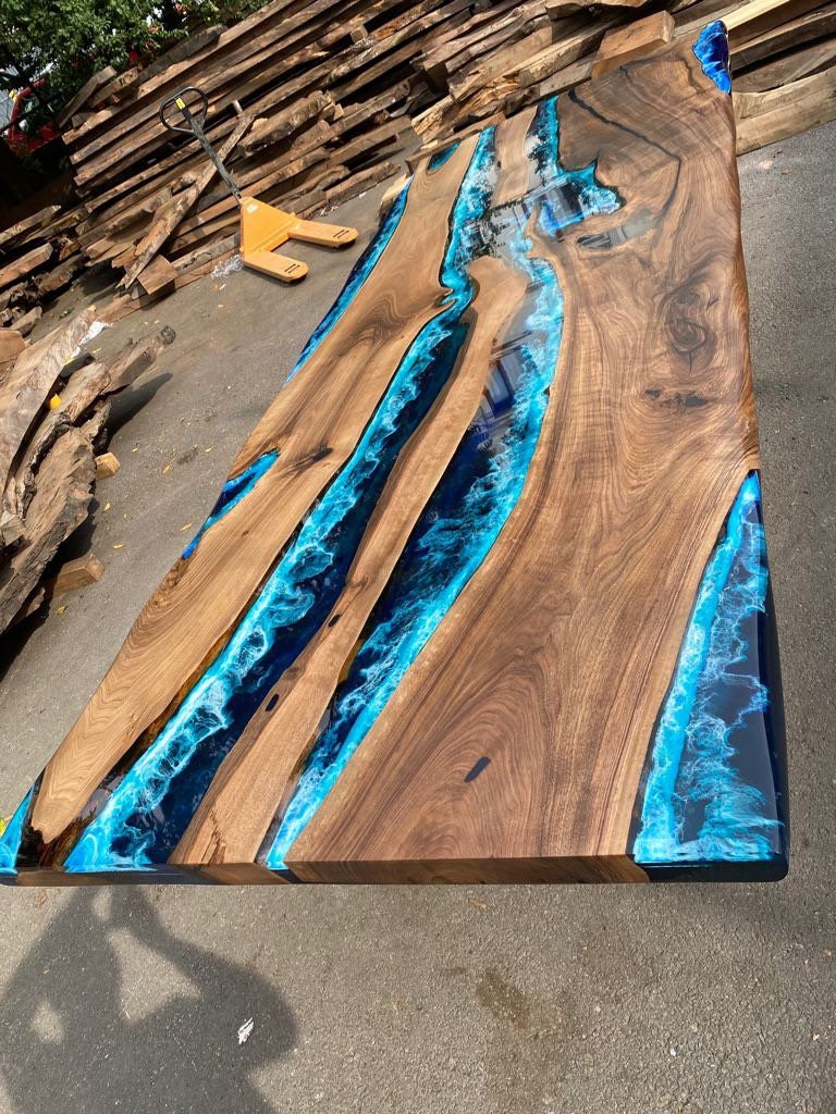 Walnut Dining Table, Live Edge Table, Custom 108” x 42” Walnut Ocean Blue, Turquoise White Waves Epoxy River Dining Table Order for Sinaan M