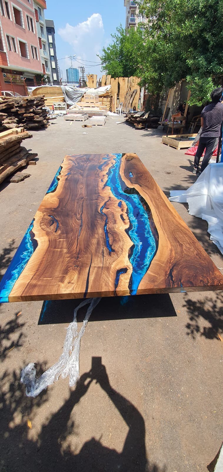 Walnut Dining Table, Custom 113” x 40” Walnut Ocean Blue, Turquoise White Waves Epoxy Table, River Dining Table, Custom Order for Enzo