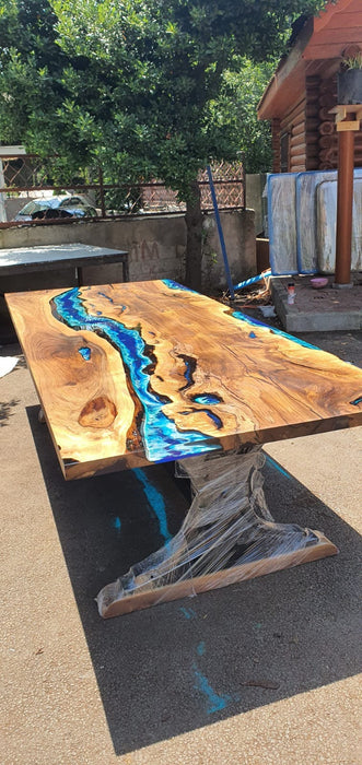 Walnut Dining Table, Custom 113” x 40” Walnut Ocean Blue, Turquoise White Waves Epoxy Table, River Dining Table, Custom Order for Enzo