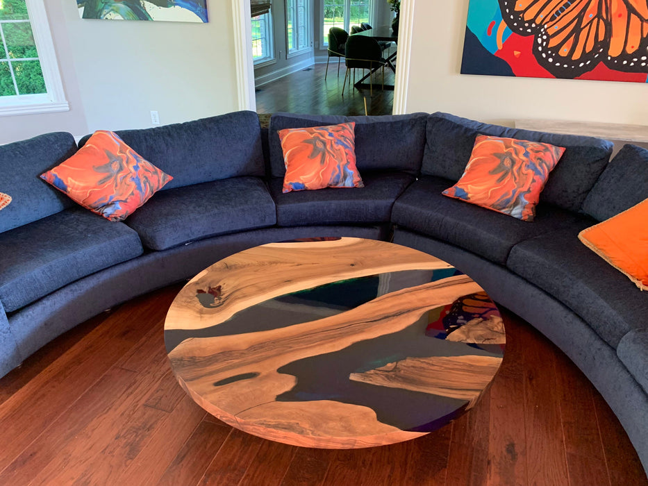 Epoxy Coffee Table, Epoxy Coffee Table, Custom 48” Diameter Round Walnut Wood Blue Epoxy Table Order for TJS