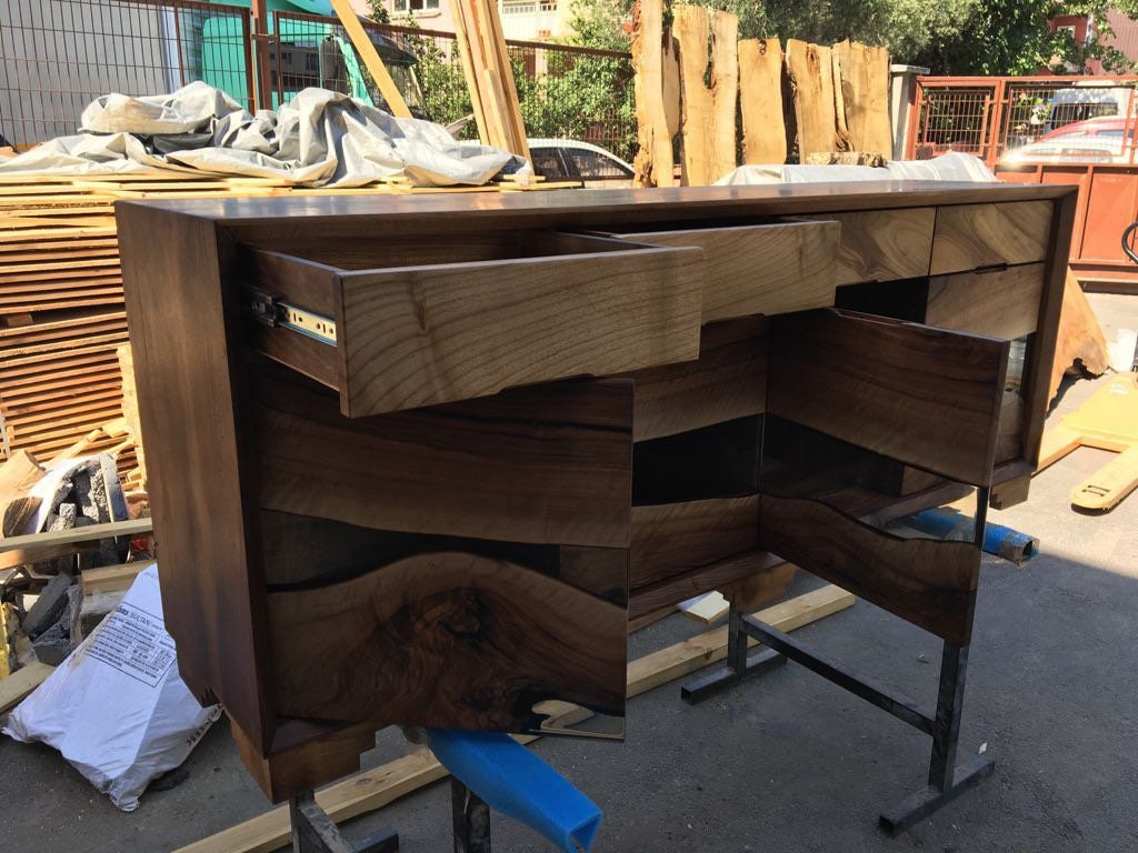 Custom Epoxy Console, 72” x 15” x 36” Wood Epoxy Resin Credenza, Walnut Epoxy Epoxy Credenza, Dining Room Sideboard for Alex B