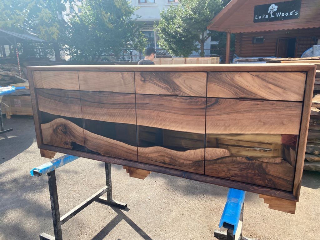 Custom Epoxy Console, 72” x 15” x 36” Wood Epoxy Resin Credenza, Walnut Epoxy Epoxy Credenza, Dining Room Sideboard for Alex B