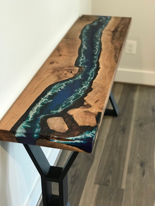 Live Edge Table, Custom 60” x 14” Walnut Ocean Blue, Turquoise Table, White Waves Epoxy Console Table, River Table, Custom Order for Kristen