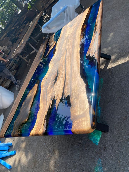 Epoxy Table, Epoxy Dining Table, Walnut Epoxy River Table, Custom 72” x 51” Walnut Blue, Turquoise, Green Epoxy Dining Table for Sasanti