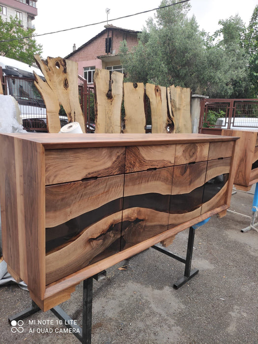 Clear Epoxy Resin 72” x 18” x 34” Credenza, Wood Epoxy Resin Credenza, Walnut Epoxy Epoxy Credenza, Custom Cabinet for Monterrey