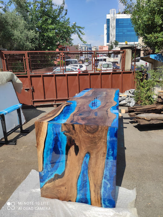 Custom 115” x 36” x 42” Walnut Ocean Blue, Turquoise White Waves Epoxy Table, Epoxy River Dining Waterfall Shape Table Order for Douglas