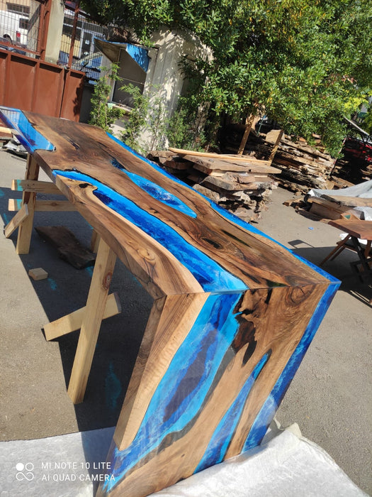 Custom 115” x 36” x 42” Walnut Ocean Blue, Turquoise White Waves Epoxy Table, Epoxy River Dining Waterfall Shape Table Order for Douglas