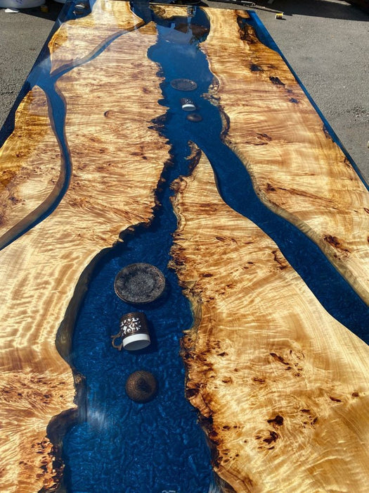 Poplar Epoxy Table, Handmade Epoxy Table, Custom 96” x 40” Poplar Wood Shiny Deep Blue Epoxy, Aquarium River Table Order for Allen