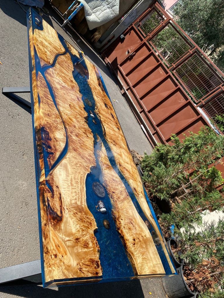 Poplar Epoxy Table, Poplar Table, Handmade Epoxy Table, Custom 96” x 40” Poplar Wood Shiny Deep Blue Epoxy, Aquarium Table Order for Allen