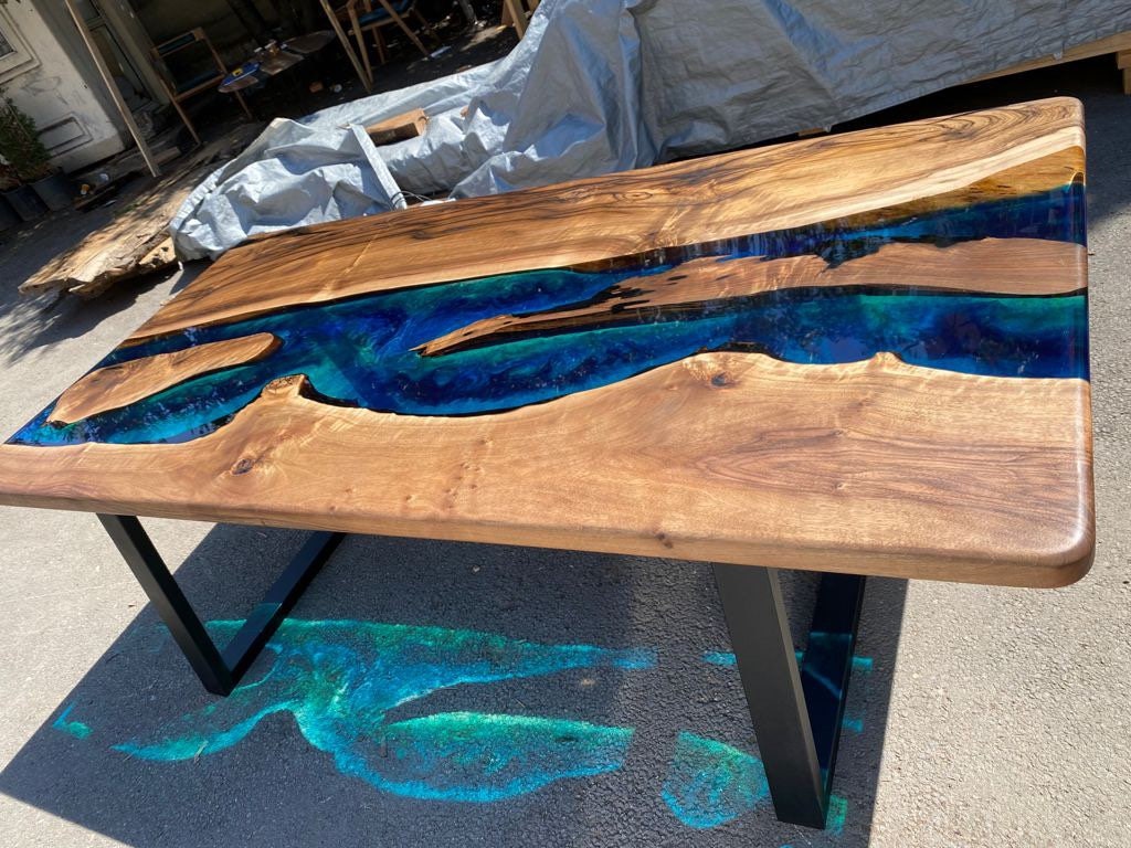 Handmade Epoxy Table, Custom 84” x 42” Walnut Blue, Turquoise, Green Table, Epoxy Dining Table, Epoxy Resin Table, Custom for Sarvani