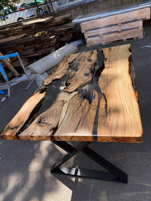 Handmade Dining Table, Custom 60” x 36" Custom Epoxy Olive Wood Table, Smokey Gray Epoxy Table, Live Edge Table, Custom Order for Cynthia T