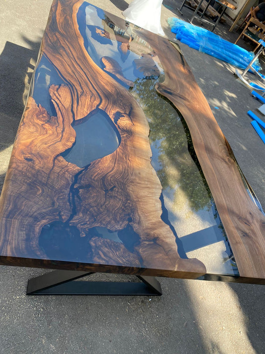 Epoxy Table, Epoxy Dining Table, Walnut Epoxy River Table, Custom 84” x 42” Walnut Wood Smokey Gray Epoxy Table Order for Schaun