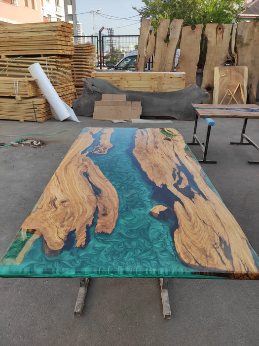 Epoxy Resin Desk, Custom 84” x 42” Olive Emerald Green Epoxy River Dining Table Order for Edward