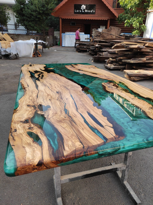 Epoxy Resin Desk, Custom 84” x 42” Olive Emerald Green Epoxy River Dining Table Order for Edward