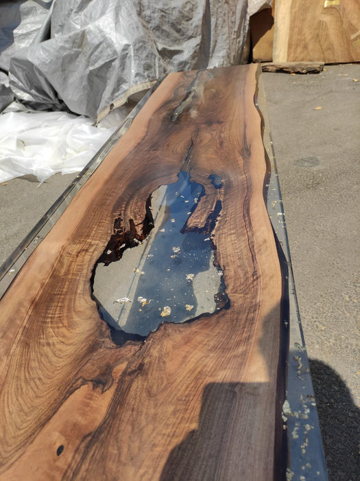 Walnut Dining Table, Unique Epoxy Table, Custom 70” x 17” Walnut Table, Clear White Epoxy River Table with Gold Leaf Order for Christopher M