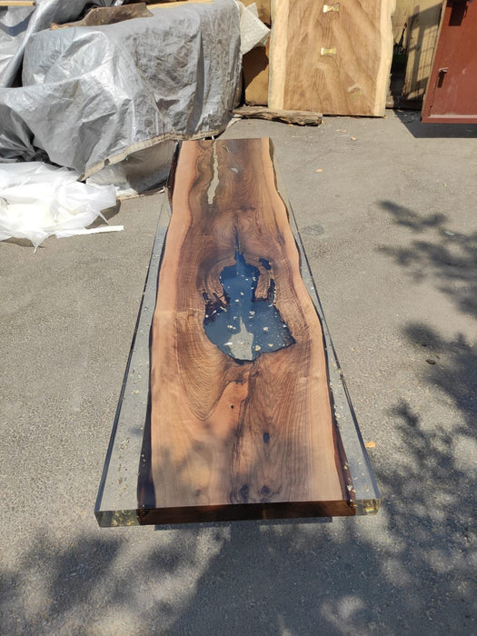 Walnut Dining Table, Unique Epoxy Table, Custom 70” x 17” Walnut Table, Clear White Epoxy River Table with Gold Leaf Order for Christopher M