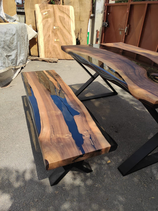 Walnut Dining Table, Epoxy Resin Table, Custom 60” x 36” Walnut Smoke Gray Table, Epoxy River Table with Bench, Custom Order for Sarah Che