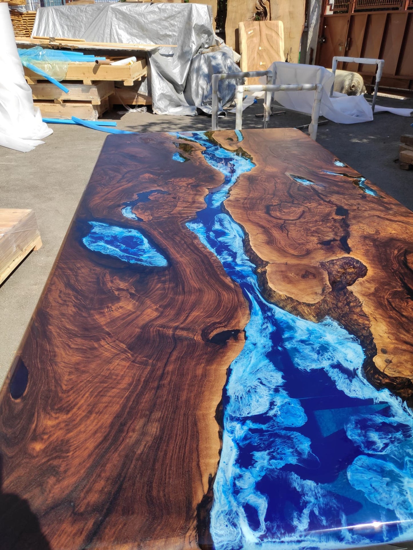 Walnut Dining Table, Live Edge Table, Custom 96” x 48” Walnut Wood Deep Blue and Turquoise, White Waves Table, Epoxy Table, for Alejandro