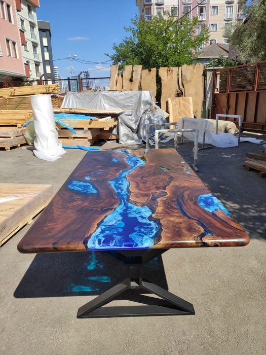 Walnut Dining Table, Live Edge Table, Custom 96” x 48” Walnut Wood Deep Blue and Turquoise, White Waves Table, Epoxy Table, for Alejandro