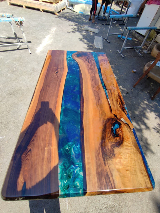 Walnut Dining Table, Epoxy Resin Table, Custom 65” x 36” Walnut Shiny Blue, Turquoise, Green Table, Epoxy Dining Table, Custom for Joshua