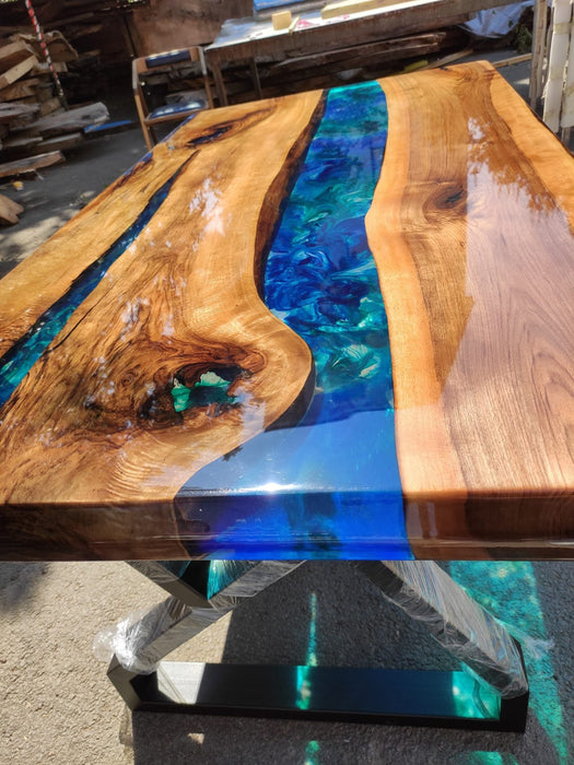 Walnut Dining Table, Epoxy Resin Table, Custom 65” x 36” Walnut Shiny Blue, Turquoise, Green Table, Epoxy Dining Table, Custom for Joshua