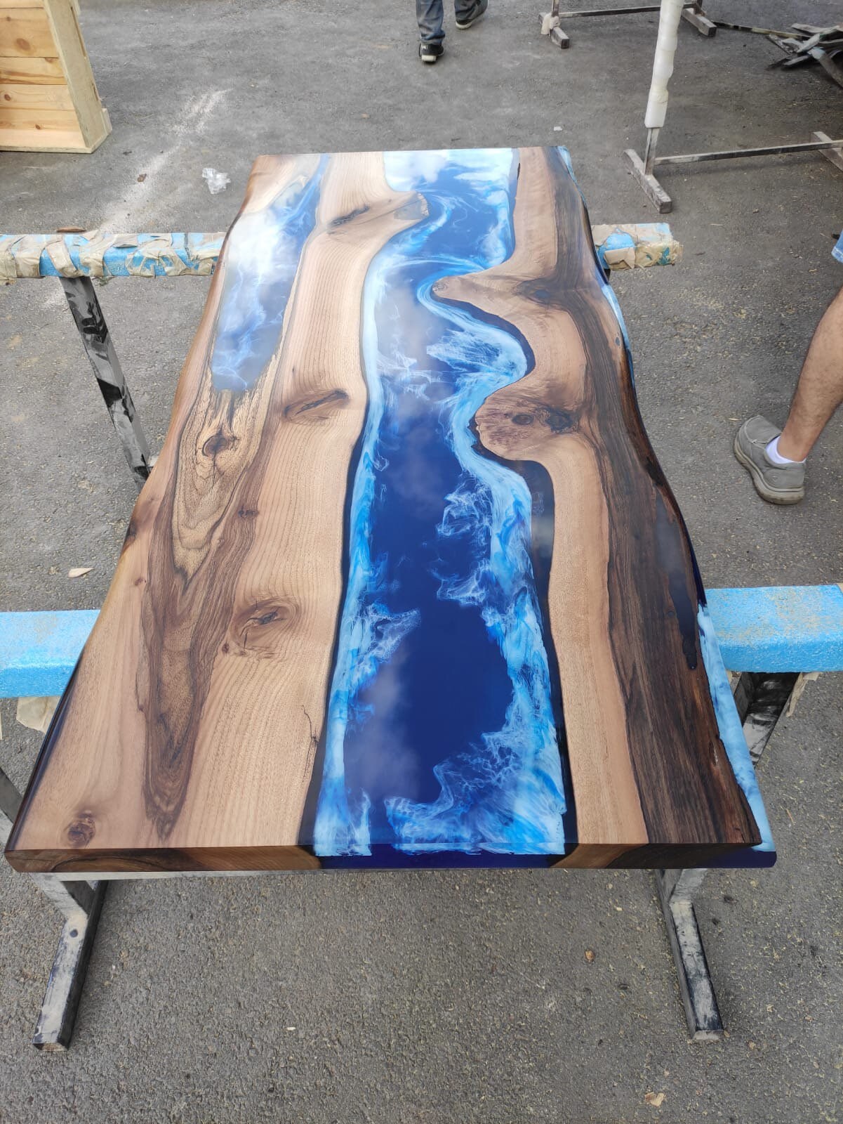 Handmade Epoxy Set, Epoxy Furniture Set, Custom 140cm x 60cm Walnut Ocean Blue, Turquoise White River Dining Table, Order for Chedburn