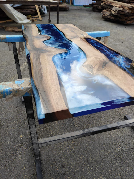 Handmade Epoxy Set, Epoxy Furniture Set, Custom 140cm x 60cm Walnut Ocean Blue, Turquoise White River Dining Table, Order for Chedburn