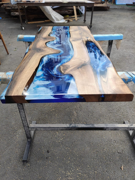 Handmade Epoxy Set, Epoxy Furniture Set, Custom 140cm x 60cm Walnut Ocean Blue, Turquoise White River Dining Table, Order for Chedburn