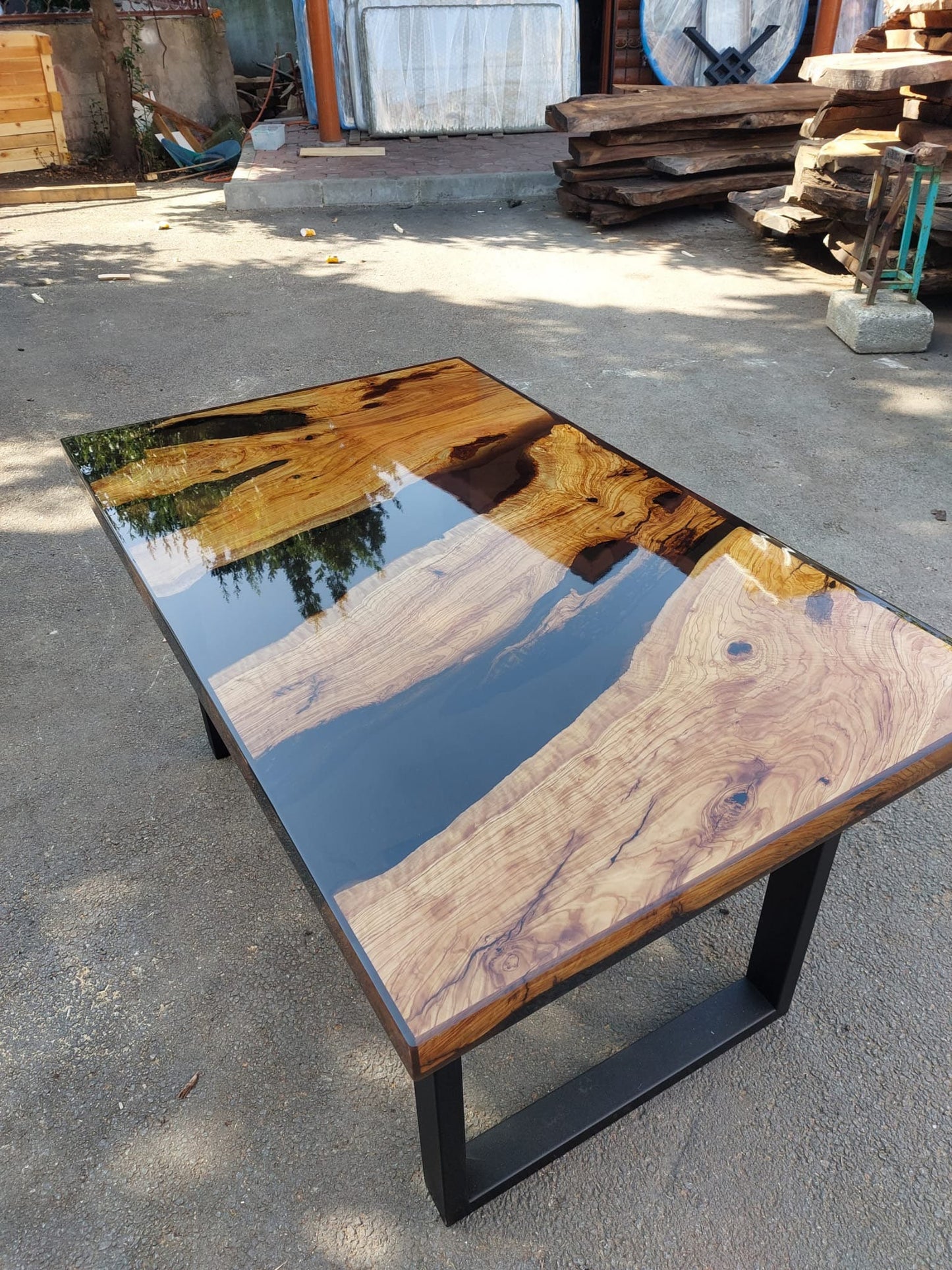 Olive Wood Epoxy Table, Epoxy Dining Table, Olive Wood Shiny Table, Custom 60” x 36" Olive Wood Black Epoxy Table, Custom Order for Hillary