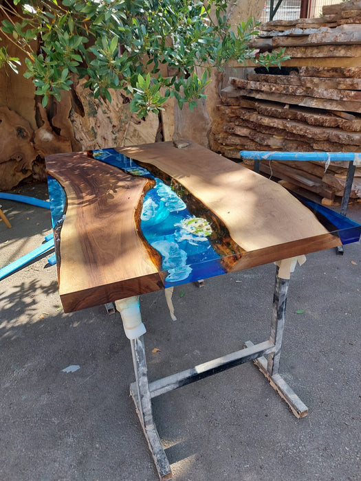 Handmade Epoxy Table, Custom 60” x 36” Walnut Blue Turquoise Aquarium Epoxy Table, Epoxy River Dining Table with Turtles Order for Marie2