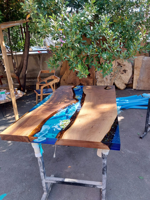 Handmade Epoxy Table, Custom 60” x 36” Walnut Blue Turquoise Aquarium Epoxy Table, Epoxy River Dining Table with Turtles Order for Marie2