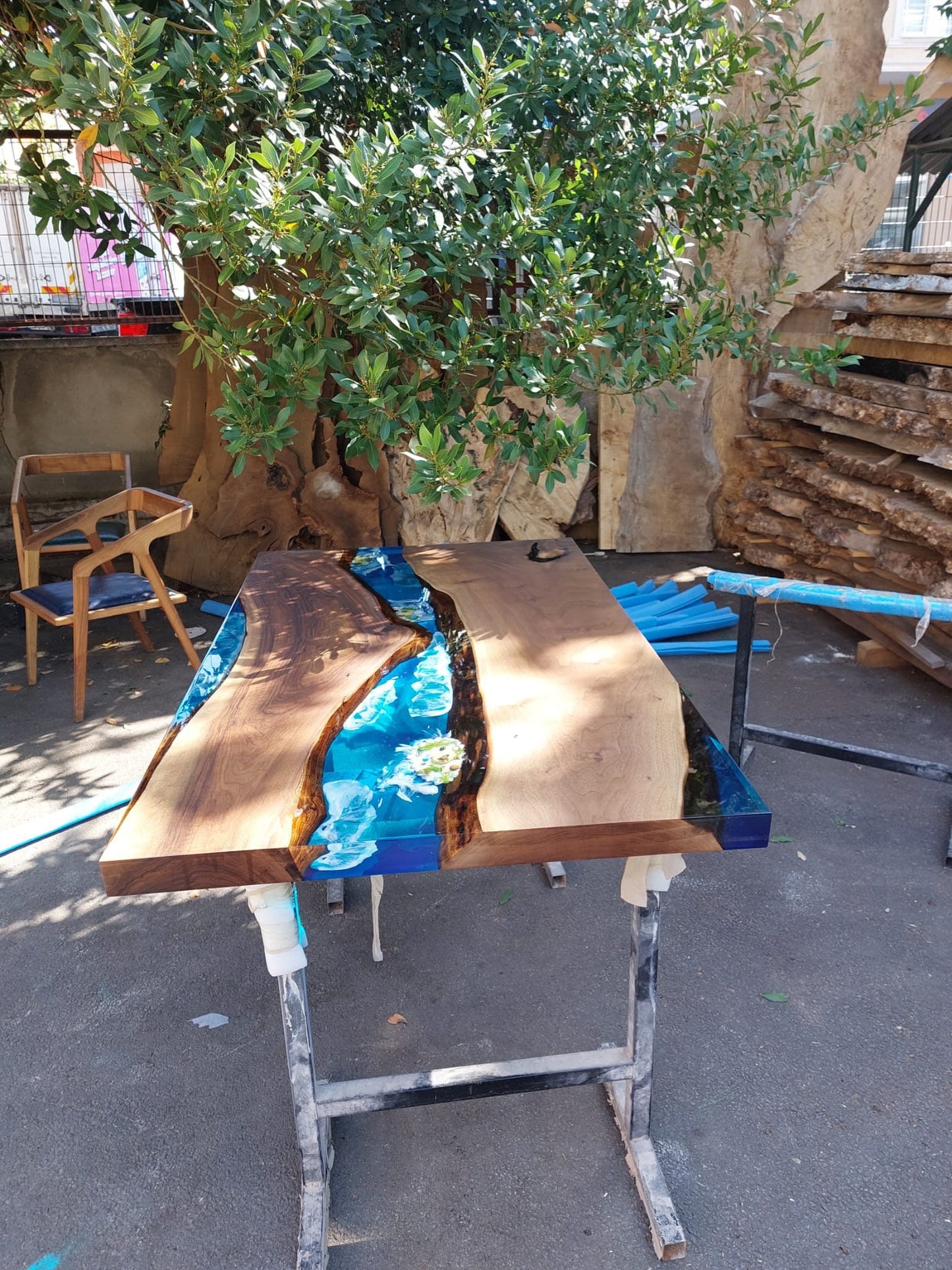 Handmade Epoxy Table, Custom 60” x 36” Walnut Blue Turquoise Aquarium Epoxy Table, Epoxy River Dining Table with Turtles Order for Marie2