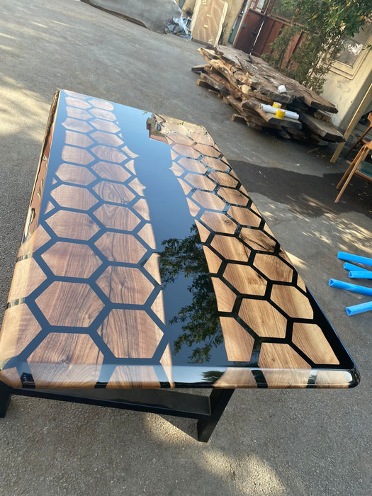 Hexagon Epoxy Table, Epoxy Dining Table, Walnut Epoxy River Table, Custom 72” x 36” Walnut Black Epoxy Hexagon Table for Carlyn