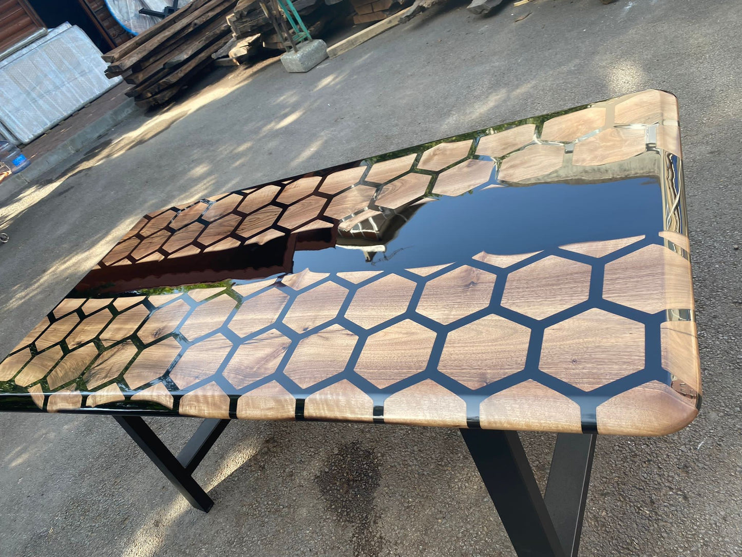 Hexagon Epoxy Table, Epoxy Dining Table, Walnut Epoxy River Table, Custom 72” x 36” Walnut Black Epoxy Hexagon Table for Carlyn