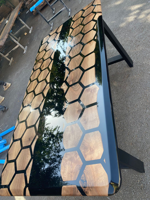 Hexagon Epoxy Table, Epoxy Dining Table, Walnut Epoxy River Table, Custom 72” x 36” Walnut Black Epoxy Hexagon Table for Carlyn
