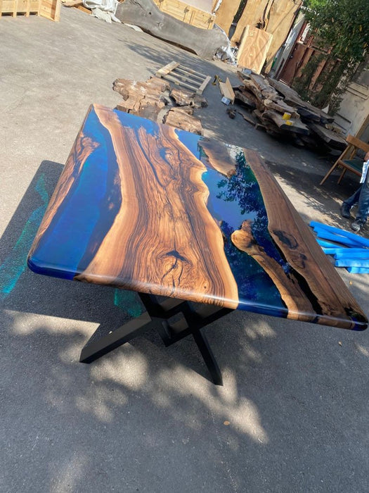 Epoxy Table, Epoxy Dining Table, Walnut Epoxy River Table, Custom 72” x 51” Walnut Blue, Turquoise, Green Epoxy Dining Table for Sasanti