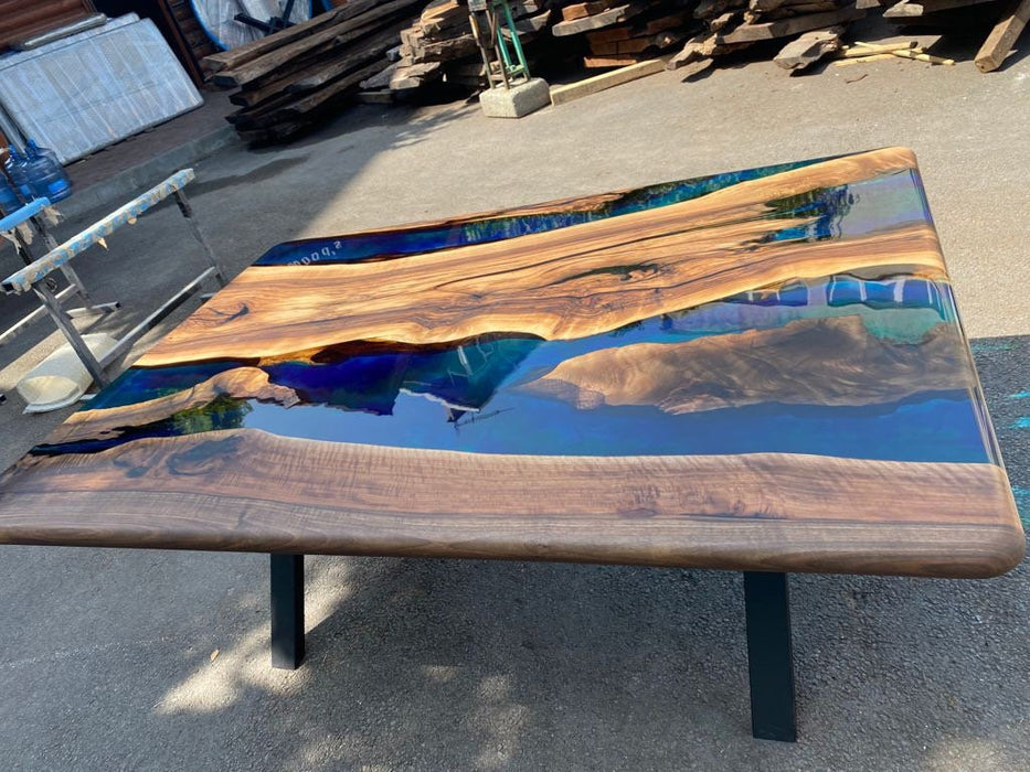 Epoxy Table, Epoxy Dining Table, Walnut Epoxy River Table, Custom 72” x 51” Walnut Blue, Turquoise, Green Epoxy Dining Table for Sasanti