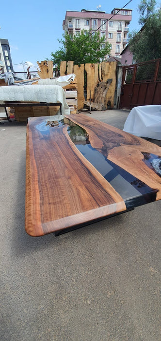 Walnut Live Edge Dining Table, Custom 96” x 43” Walnut Smokey Gray Epoxy Resin with Silver Diamonds, Aquarium Dining Table Order for Andrea