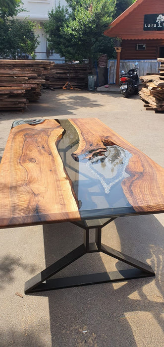 Walnut Live Edge Dining Table, Custom 96” x 43” Walnut Smokey Gray Epoxy Resin with Silver Diamonds, Aquarium Dining Table Order for Andrea