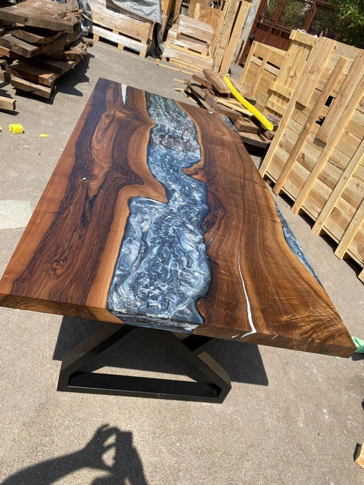 Epoxy Marble Table, Conference Table, Custom 96” x 42” Walnut Wood Gray Table, Marble Affect Epoxy Table, Live Edge Table, for Korrine 2