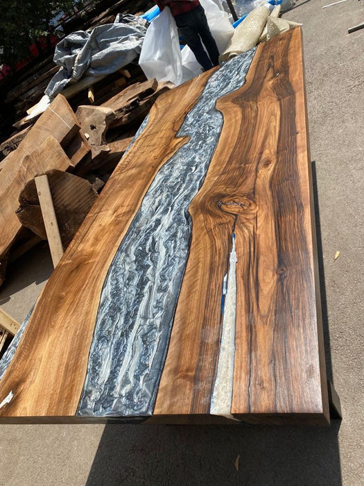 Epoxy Marble Table, Conference Table, Custom 96” x 42” Walnut Wood Gray Table, Marble Affect Epoxy Table, Live Edge Table, for Korrine 2