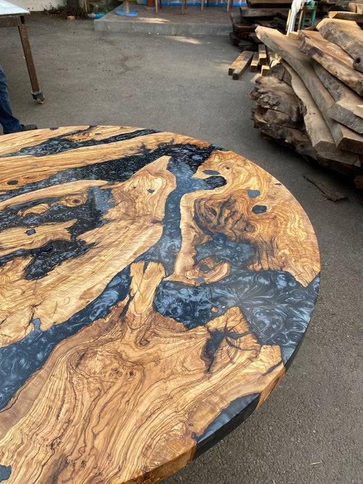 Olive Wood Epoxy Table, Olive Wood Coffee Table, Custom 50” Diameter Round Table, Olive Wood Metallic Gray Epoxy Table, Order for William