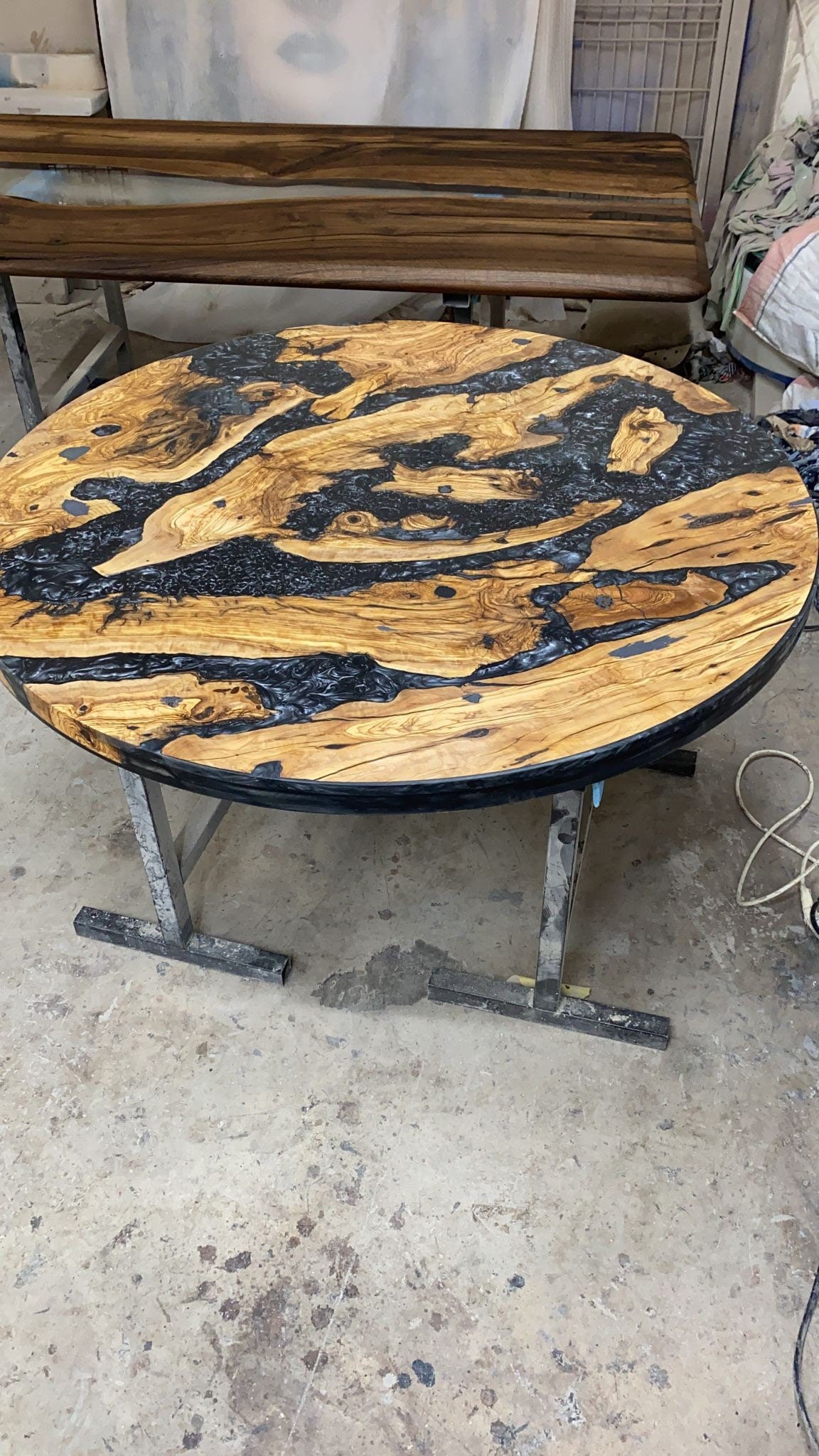 Olive Wood Epoxy Table, Olive Wood Coffee Table, Custom 50” Diameter Round Table, Olive Wood Metallic Gray Epoxy Table, Order for William