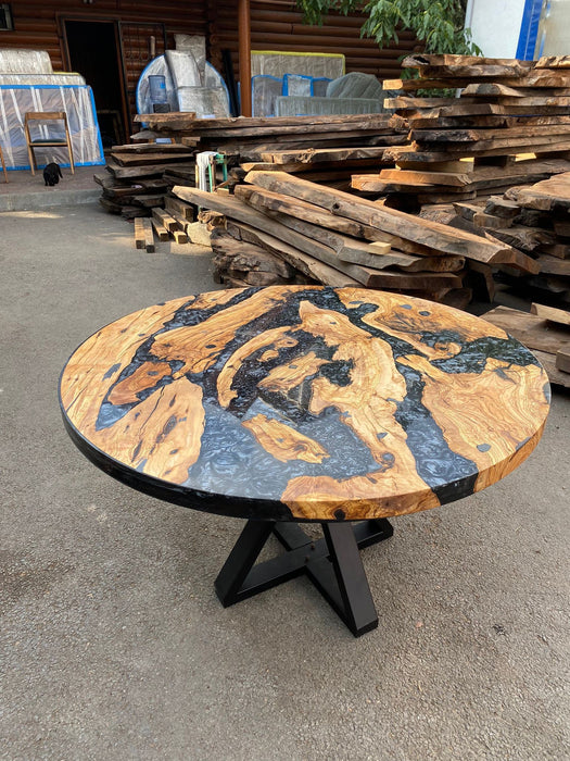 Olive Wood Epoxy Table, Olive Wood Coffee Table, Custom 50” Diameter Round Table, Olive Wood Metallic Gray Epoxy Table, Order for William