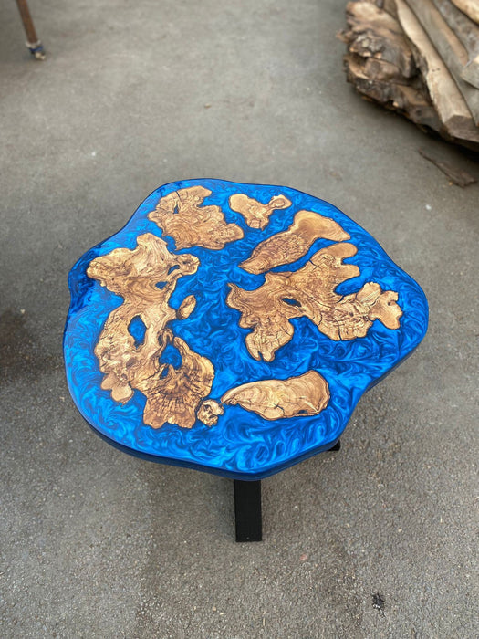 Olive Wood Coffee Table, Custom 30” Diameter Round Olive Wood Table, Metallic Blue Epoxy Table, Epoxy Resin Table, Custom Order for William