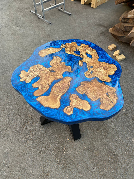 Olive Wood Coffee Table, Custom 30” Diameter Round Olive Wood Table, Metallic Blue Epoxy Table, Epoxy Resin Table, Custom Order for William